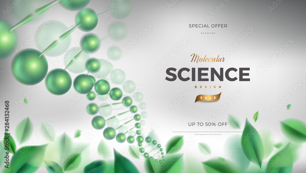 Wall mural science abstract vector background design with dna molecular structure. 3d molecules or atoms model 