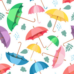Fototapeta na wymiar Seamless pattern with rain, leaves and colorful umbrellas . Wallpaper for children room. Weather background