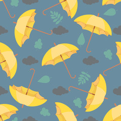 Seamless pattern with rain, leaves and colorful umbrellas . Wallpaper for children room. Weather background.