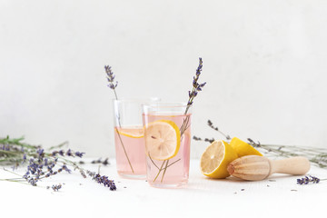 Lavender lemonade in glasses, front view