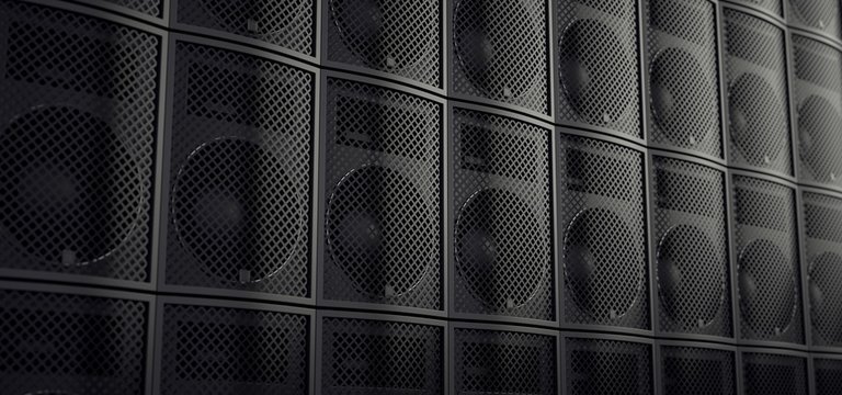 Large tower of professional speakers.