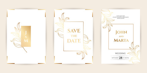 Wedding Invitation with Gold Flowers and gold geometric line design. background with geometric golden frame. Cover design with an ornament of golden leaves. vector eps10