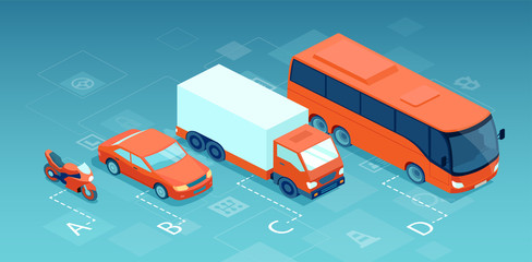 Vector of a motorcycle, car, truck and bus in a row, showing categories