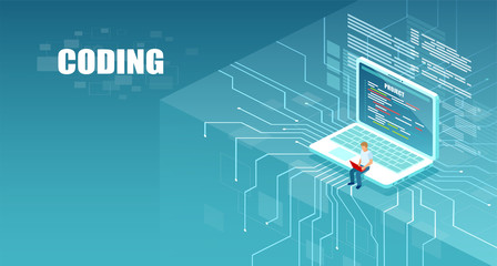 Vector of programmer man coding using computer