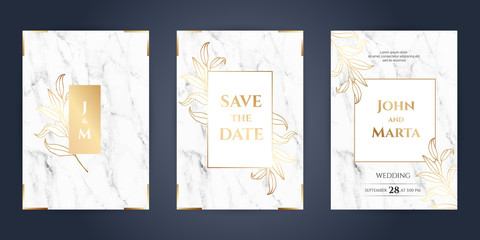 Luxury Marble Wedding invitation cards with gold geometric polygonal lines vector design template. eps10