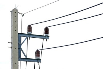 Electric pole and high voltage cable isolate on white background.