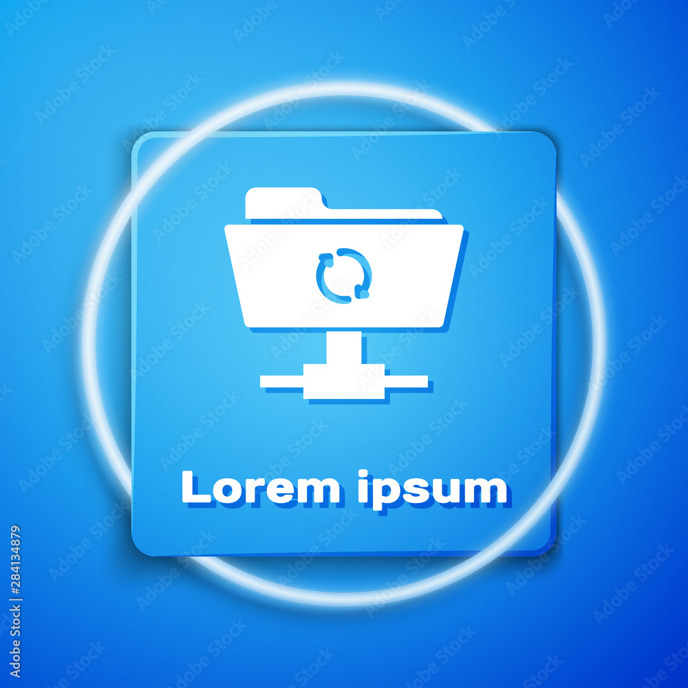 Aufkleber white ftp sync refresh icon isolated on blue background. software update, transfer protocol, router,