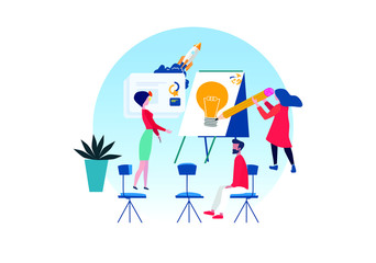 Group of people brainstorm about the project. Flat vector illustration.