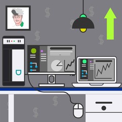 Modern desk with computer business and financial illustration vector