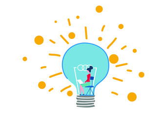 Business woman sitting in a light bulb. Innovation concept illustration.