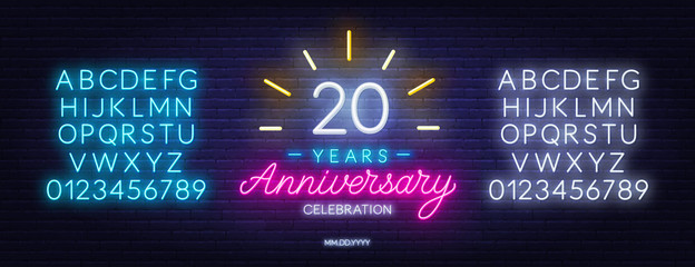 20th anniversary celebration neon sign on dark background. Neon alphabet . Template for invitation or greeting card.