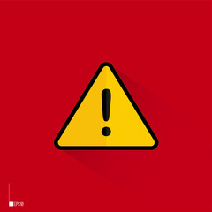 Triangle caution vector icons. Warning alert sign. Red background with flat design