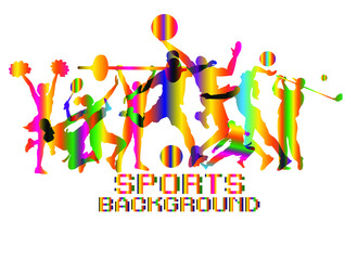 Colorful sports background, Logo, Icon, Football, Basketball, Cheerleader, Taekwondo, Volleyball, Badminton, Golf, Weightlifting, Concepts exercise and medicine health, Vector illustration.