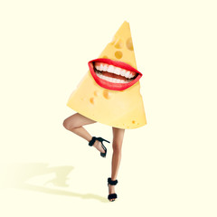 Female body headed by big cheese's slice with female white teeth and red lips. Negative space to...
