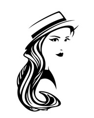 elegant young woman with long gorgeous hair wearing straw boater hat - accessories fashion black and white vector portrait