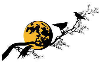 black raven birds sitting on long bare tree branch under full moon - halloween theme vector silhouette decor