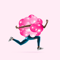 Run like you are weightless. Female body as pink balloons on coral background. Negative space to insert your text. Modern design. Contemporary art collage. Concept of movement, sport.