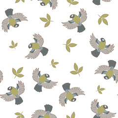 Pattern of small forest birds and plant leaves. Vector illustration with a green tint. Isolated background.