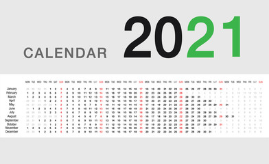 PrintYear 2021 calendar horizontal vector design template, simple and clean design. Calendar for 2019 and 2020 on White Background for organization and business. 