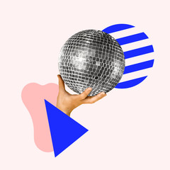 Let's have a party. Human hand holding disco ball, geometric background. Negative space to insert...