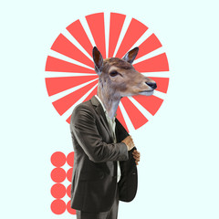 Look like a boss. Office worker. Male body in suit headed by deer. Negative space to insert your text. Modern design. Contemporary art collage. Concept of human nature, thirst for power.