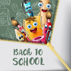 School sale cartoon characters Vector watercolor. Notebook pen and ruler funny characters illustration watercolor styles