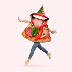 Fast food. Human body as a pizza's slice with big mouth running on coral background. Negative space to insert your text. Modern design. Contemporary art collage. Concept of nutrition, emotions, taste.