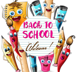 Back to school cartoon characters Vector watercolor. School supplies pen and ruler funny characters illustration watercolor styles
