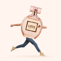 Concept of fleeting fragrance or light smell and aroma. Body as a parfum on pink background. Negative space to insert your text. Modern design. Contemporary art collage. Conceptual view of beauty.