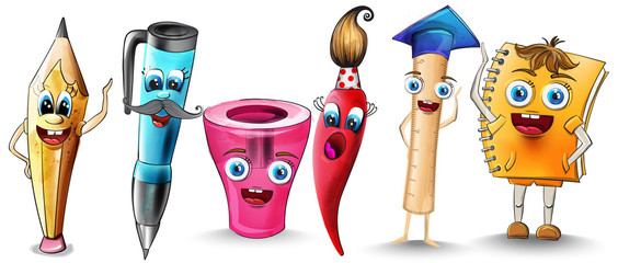 Back to school set collection cartoon characters Vector. Notebook pen and ruler funny characters illustration watercolor styles