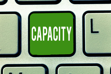 Handwriting text Capacity. Concept meaning maximum amount that something can contain or produce...