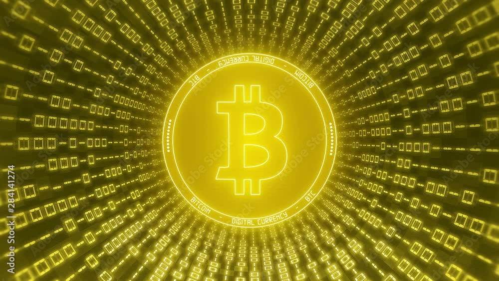 Poster video animation of the bitcoin logo in gold with a tunnel of binary code - digital currency - crypto