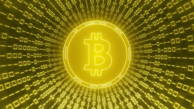 Video animation of the Bitcoin logo in gold with a tunnel of binary code - Digital currency - Cryptocurrency