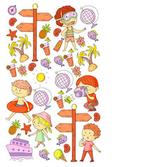 Set of summer icons with children. Kids swim with swimming mask and flippers, inflatable ring, sunbathe on the beach, take photos.