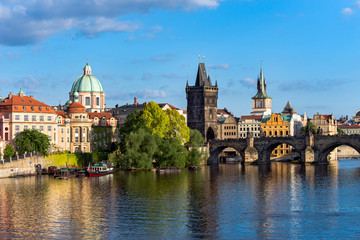 Prague Old Town pier and Charles Bridge over Vltava river