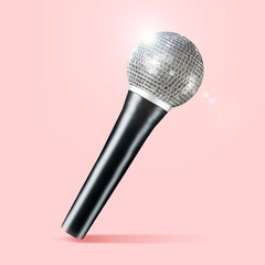Talented singer, concept of brilliant voice. Microphone as a disco ball on coral background. Negative space to insert your text. Modern design. Contemporary art collage. Music, festival, show.