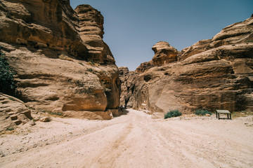 Jordan - May, 2019: As-Siq Petra, Lost rock city of Jordan. UNESCO world heritage site and one of The New 7 Wonders of the World.