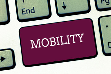 Writing note showing Mobility. Business photo showcasing ability to move or be moved freely easily adaptability flexibility.