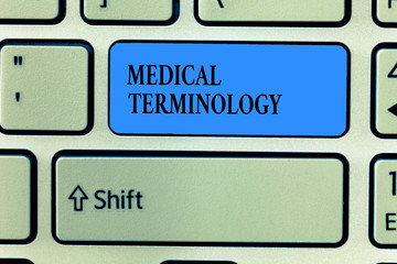 Handwriting text writing Medical Terminology. Concept meaning language used to precisely describe the huanalysis body.