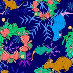 New Year Seamless Pattern with rats and wreaths. Vector illustration.