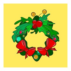New Year Wreath icon.  Wreath logo on red background. Vector illustration.