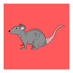 Rat icon. Cute rat logo on red background. Vector illustration.