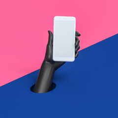 White Phone in black hand. Abstract hand sculpture holding smartphone. 3d illustration