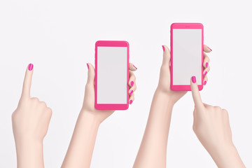 Female mannequin hands holding pink smartphone isolated on white, 3d illustration