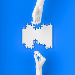 Couple hand sculptures collect puzzle, creating something together, relationship building, 3d illustration.