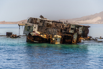 Sharm El Sheikh, Egypt - May, 2019: Shipwreck near the island of Tiran - attraction of the resort of Sharm