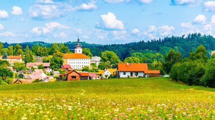 Rural summer landscape with green meadow, blue sky and white clouds. Jistebnice, South Bohemia, Czech Republic