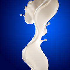 A splash of milk on a blue background. 3d illustration, 3d rendering.