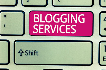 Writing note showing Blogging Services. Business photo showcasing Social networking facility Informative Journalism.