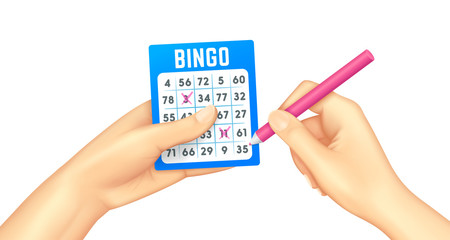 Bingo card in human hands realistic. Lottery card. Bingo gambling games. Isolated vector illustration